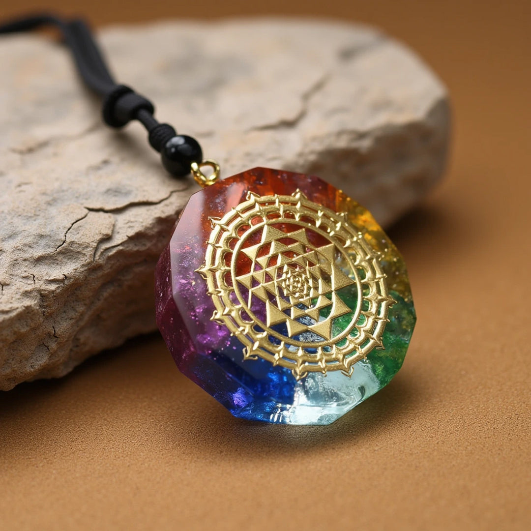 Naszyjnik „Sri Yantra” z orgonitem i kamieniami siedmiu czakr